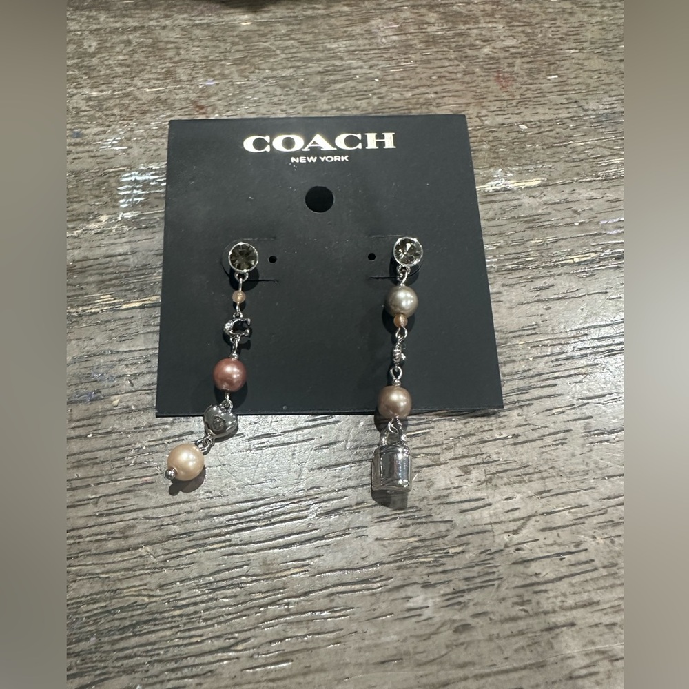 Coach Pearl And Padlock Mismatch Linear Earrings New . - Picture 3 of 6
